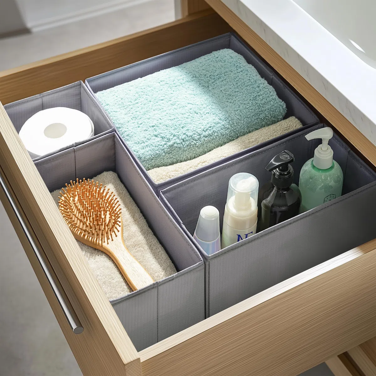 TYEERS Schubladen Organizer, Strapazierfähiger Stoff, Waschbar, mit Bodenstützplatten, Kleine Aufbewahrungsboxen für Badezimmer, Kleiderschrank, Kommode, 6er-Set, Dunkelgrau