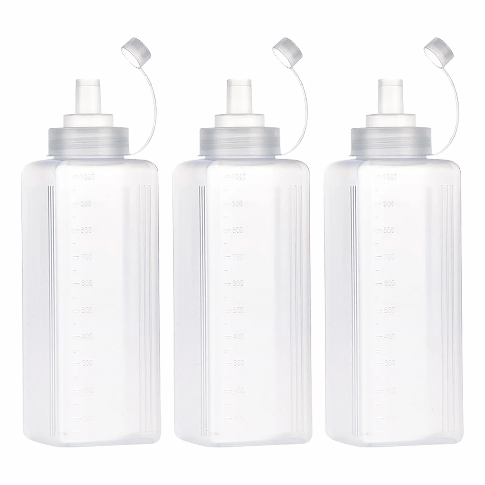 3 Stück Plastik Squeeze Flasche, Breiter Mund Quetschflasche Mit Kappen, Transparent Kein Leck Condiment Flaschen für Malen,Backen,Ketchup,scharfe Soße,Olivenöl, Saucenflasche (# 1000ML)