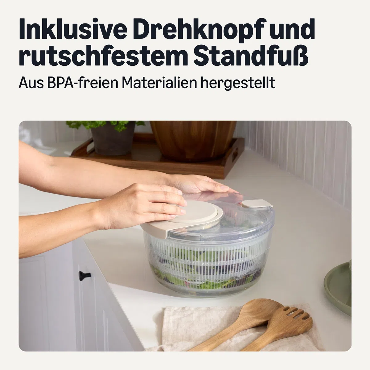 Amazon Basics Salatschleuder, BPA-frei, 4L, Leinengrau