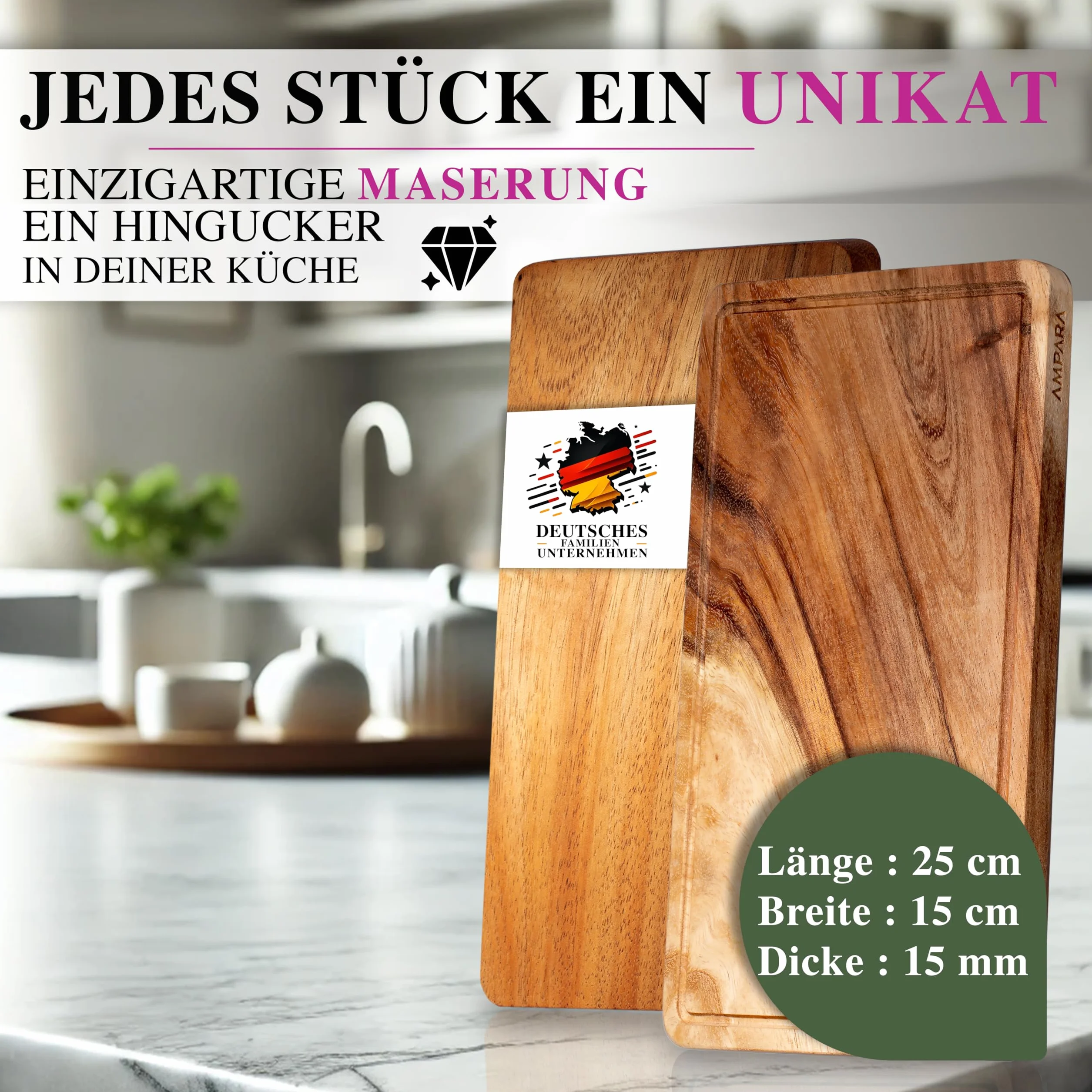 Frühstücksbrettchen Holz - 25x15cm – Hochwertige Akazie am Stück – Langlebiges Holzbrettchen | Vesperbrett (2er Set)