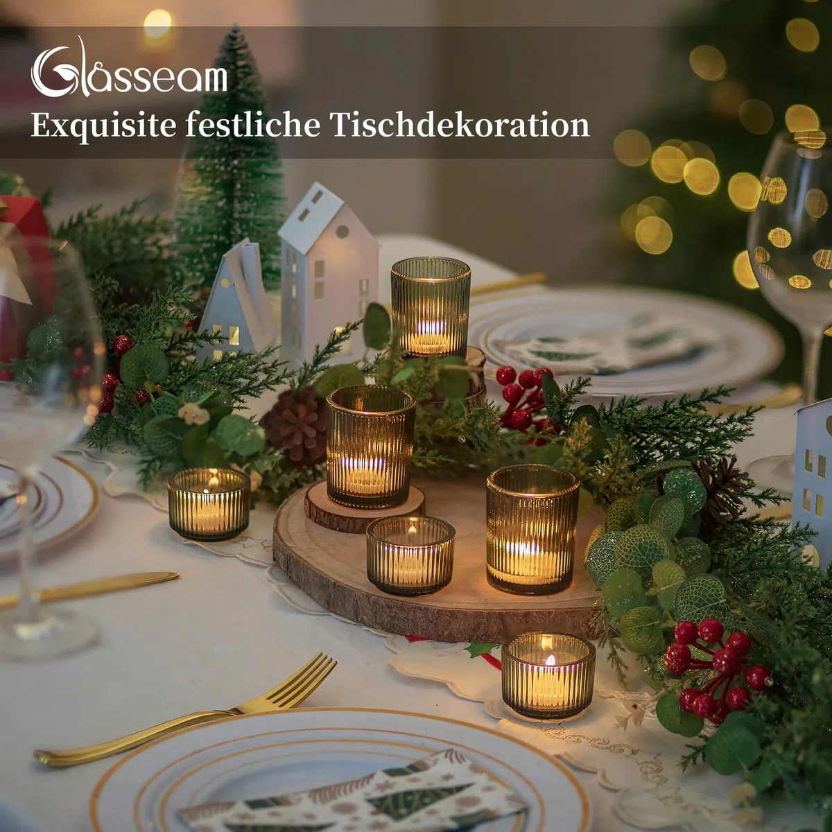 Glasseam Teelichtgläser Grün Teelichthalter Glas: 8er Set Teelichtglas Gerippt Teelicht Gläser für Tischdeko Klein Kerzengläser Votivkerzenhalter für Tisch Weihnachten Hochzeit Deko