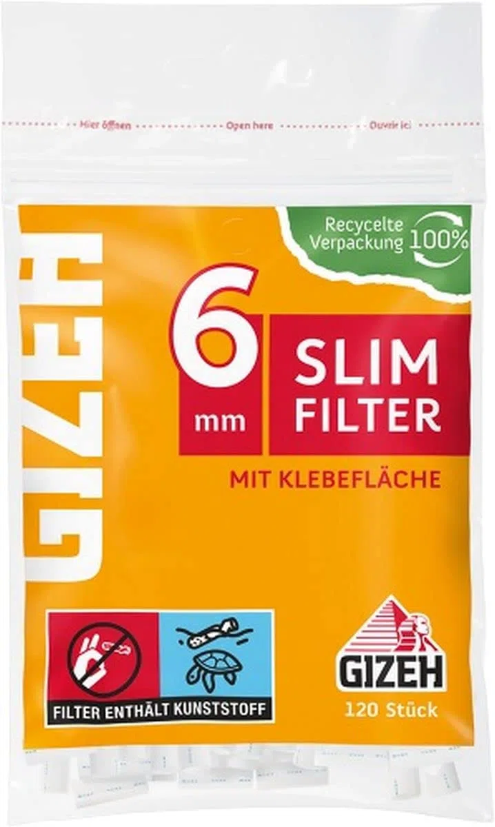 GIZEH Slim Filter – Slim Filter 6mm Durchmesser – Filter mit Klebefläche für besseren Halt – 20er Pack á 120 Filter mit 15mm Länge in wieder verschließbarem Beutel