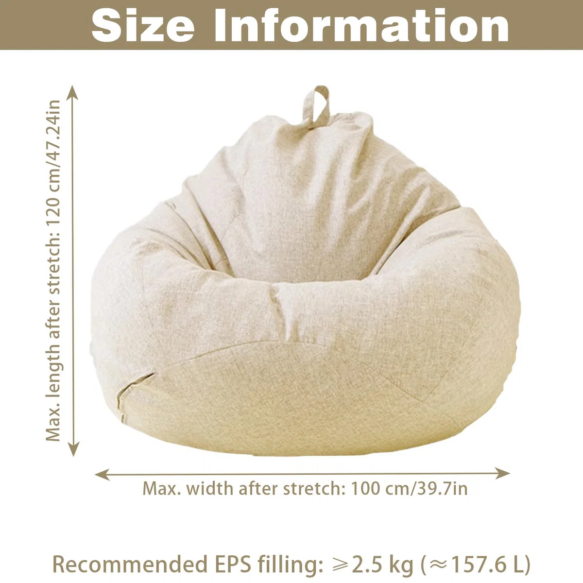 Sitzsack für Kinder und Erwachsene, nur Bezug (ohne Füllung), Sitzsackstuhl für Schlafzimmer, Büro, Wohnzimmer, Terrasse (Cremefarben)