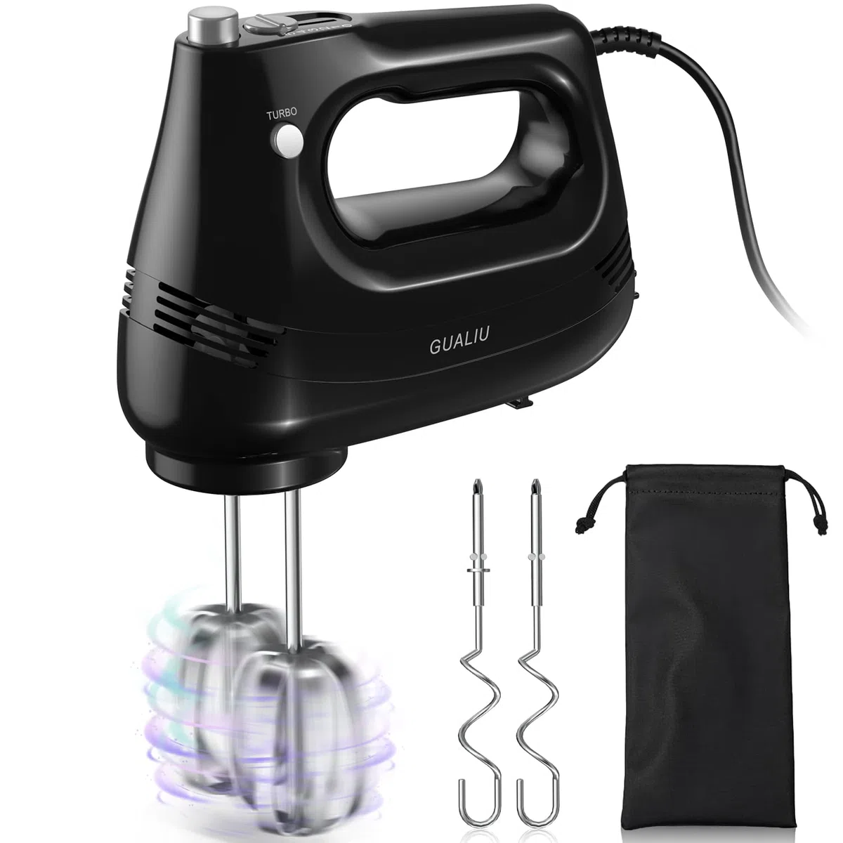 Elektrischer Handmixer 300W mit Edelstahl Schneebesen, Knethaken, Elektrische Handrührer,Turbo Boost /5 Geschwindigkeit, Handrührgerät für Backen Kuchen, Eier Sahne Lebensmittel-Mixer (Schwarz)
