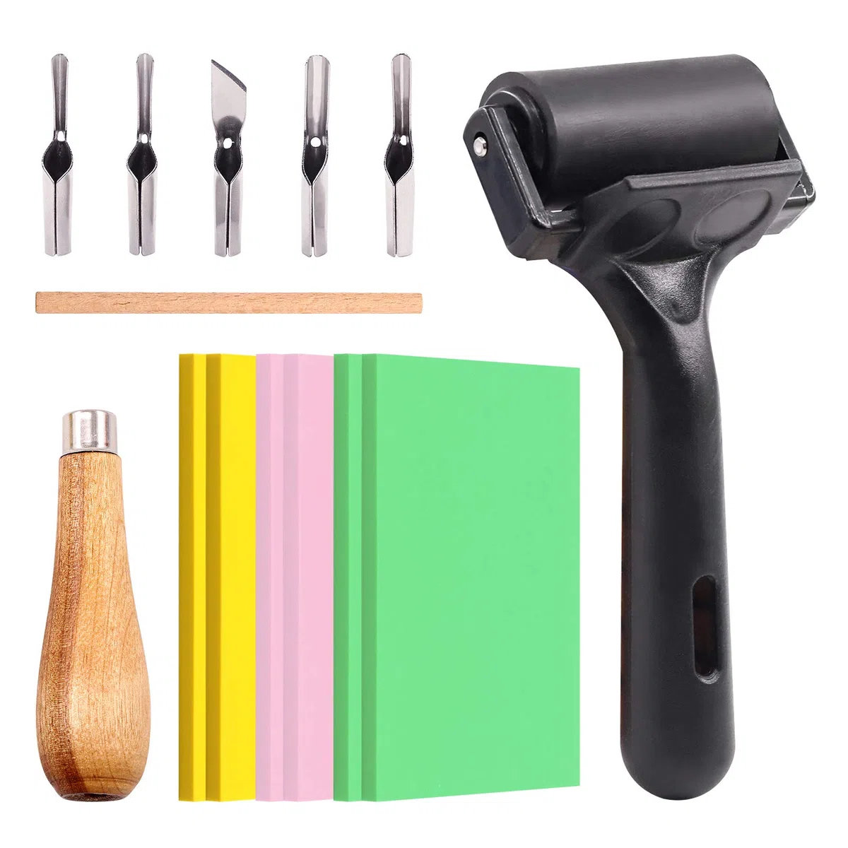 Swpeet 8 Stück Schnitzwerkzeuge aus Gummi, 6 Stück für Scrapbooking, weiche Gummistempel, Linoleumblöcke, 5 in 1 Linoleumschneider-Werkzeuge und Gummiwalze für Gummistempel, DIY-Schnitzen