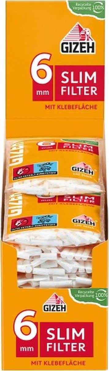 GIZEH Slim Filter – Slim Filter 6mm Durchmesser – Filter mit Klebefläche für besseren Halt – 20er Pack á 120 Filter mit 15mm Länge in wieder verschließbarem Beutel
