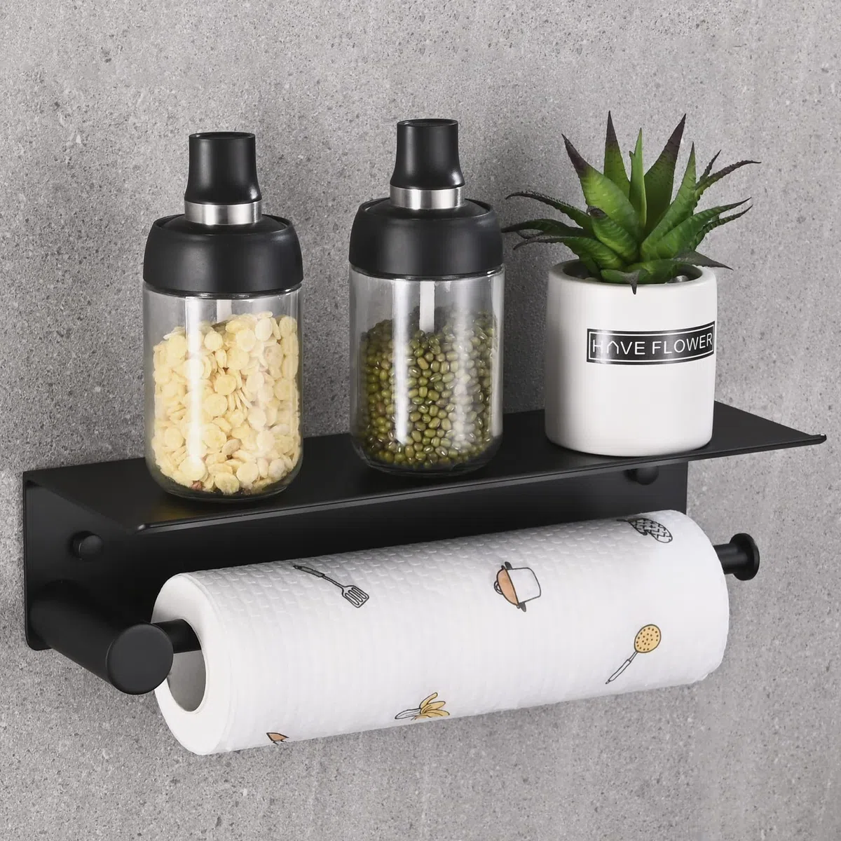 Küchenrollenhalter Wandmontage, Küchenpapierhalter Ohne Bohren für Küchenkrepp Papierrollenhalter, Aluminium Rollenhalter Küche mit Aufbewahrung Geräumigen Regal, Küchenrollenhalter Schwarz