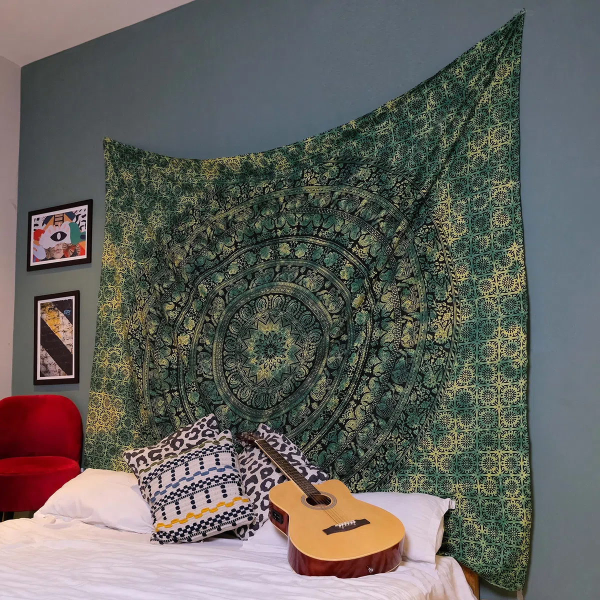 Craft Trade Mandala Grün Wandteppich Indische Wandtuch Tapestry Wandbehang Boho Wandteppiche für Heimdeko Wohnzimmer und Schlafzimmer - 137 x 213 cm