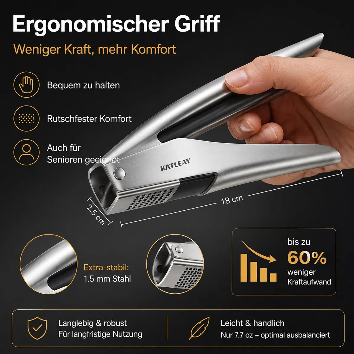 Profi Knoblauchpresse Edelstahl, Garlic Press Spülmaschinenfest - mit Schäler und Bürste, Leicht zu Quetschen, Leicht zu Reinigen, Bequem zu Halten, für Knoblauch & Ingwer (Kein Schälen Nötig)