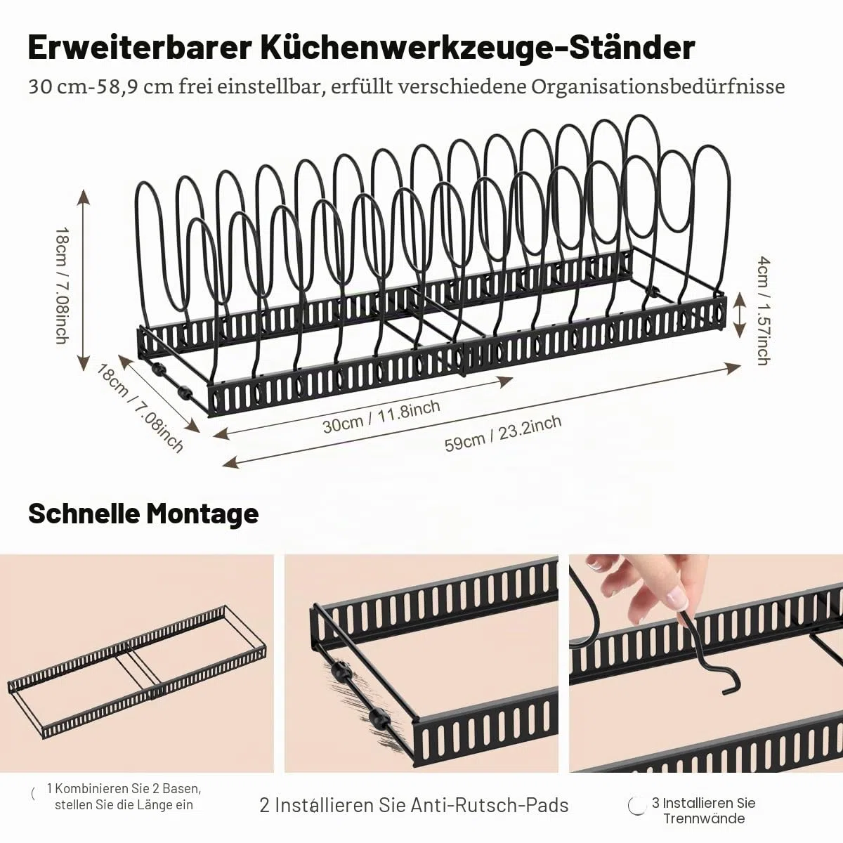 Housolution Pfannenhalter für Schublade, Erweiterbarer Topfdeckelhalter mit 14 Verstellbaren Teiler, Topfdeckel Aufbewahrung Pfannen Organizer Deckelhalter für Küche, Schwarz