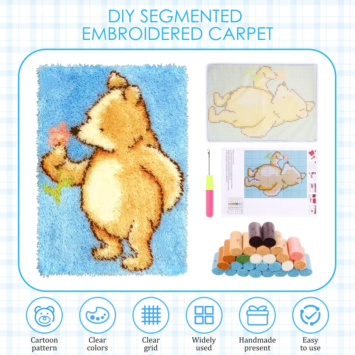 Knüpfteppich Set für Kinder,Anfänger und Erwachsene zum Selber Knüpfen,Latch Hook Kits mit Vordruck und Englische Lernprogramm,DIY Knüpfsets KreuzstichTeppich Set,52x38 cm(Honigbär)