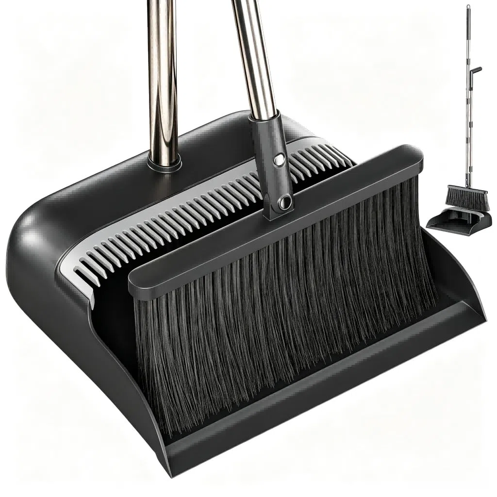 CTIME Besen und Kehrschaufel Set, 132cm Verstellbarer Langer Stiel mit, 180 Grad Drehbar Kehrmaschine und Kehrschaufel Combo Für Büro, Küche, Flur, Boden, Garten und Mehr