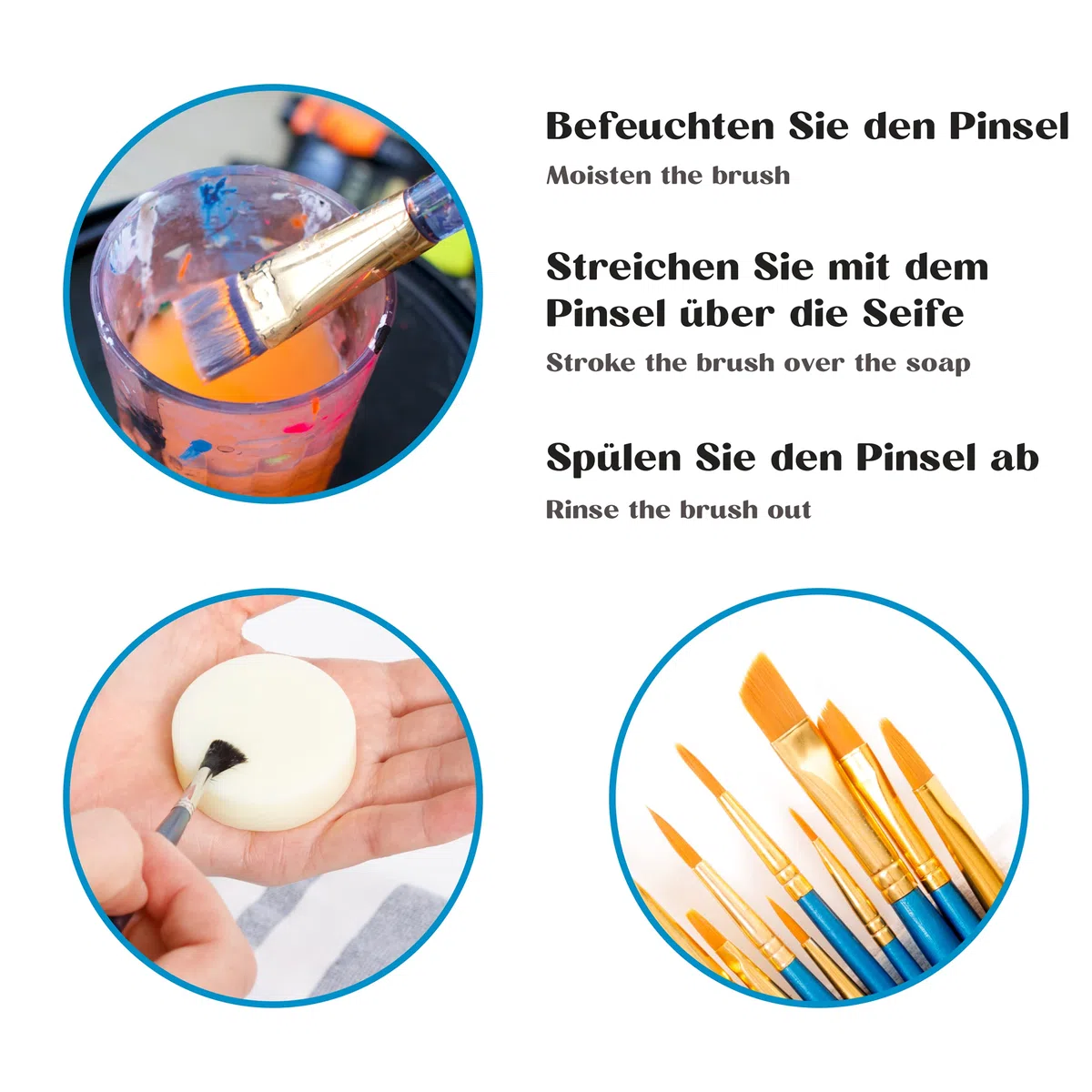 Tritart Pinselreiniger für Acrylfarbe und Aquarell - 3er Set -Künstlerseife und Malpinsel Reiniger | 3x 40g vegane Pinselseife für Künstler