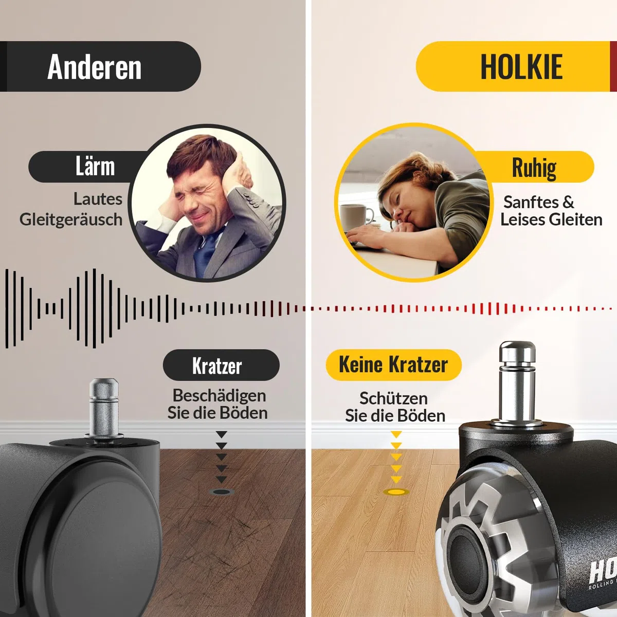 HOLKIE Bürostuhl Rollen 11mm 5er Set Grau Gummi Rollen für Bürostühle Schreibtischstuh mit Doppelrädern Stuhlrollen für Parkett Geeignet Harte Böden Leises & Sanftes Gleiten