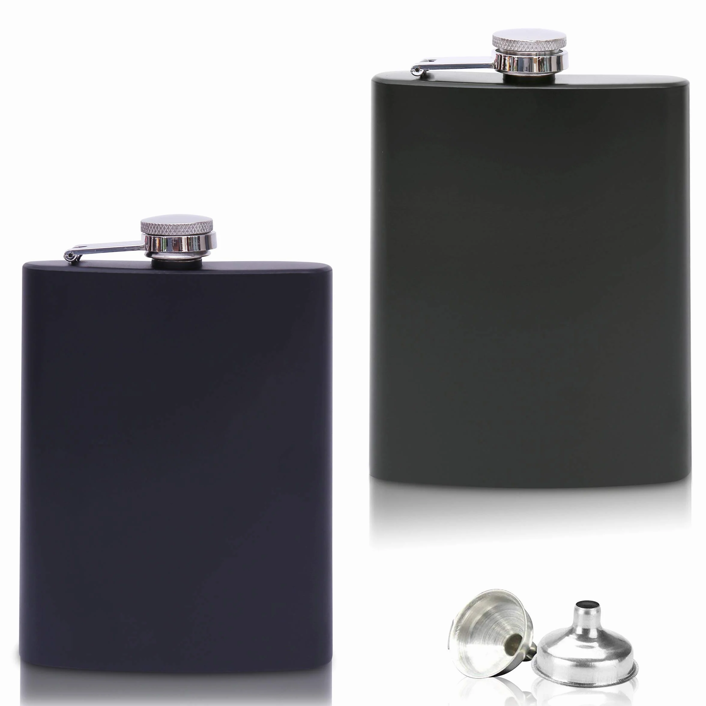 2x Edelstahl Flachmann mit Trichter im Set - 8oz. 227 ml - rostfrei - in Matt-Schwarz und Matt-Grün - edles Militär Design - für Schnaps und Alkohol jeder Art (2er Set)