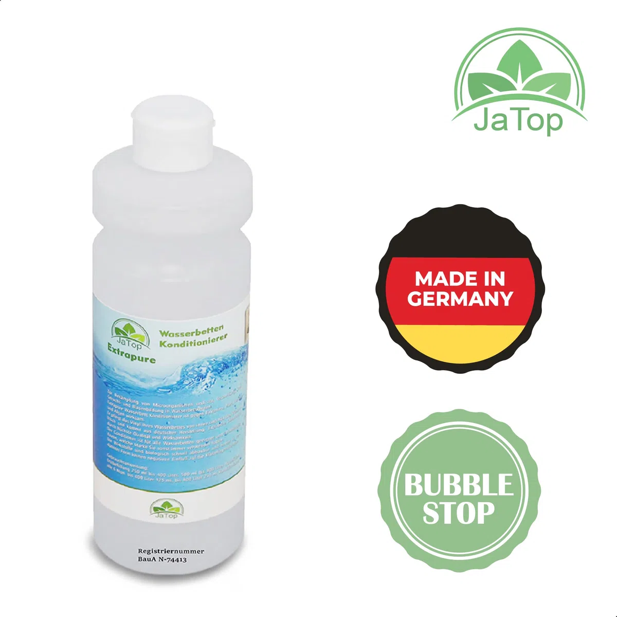 JaTop Wasserbett Conditionierer [2 x 500ml] - Für alle Wasserbetten geeignet - purer Wasserbetten Conditioner - inklusive Bubble Stop, Flüßig - Made in Germany (1Liter (2 Flaschen a 500ml))
