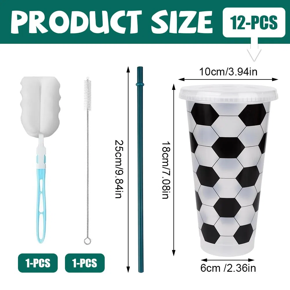 12er Set Fußball Becher 710ml/24oz mit Coperchio E Cannuccia, Bicchieri Da Calcio In Plastica, Wiederverwendbare Plastik Fussball Becher Tasse für Partys, Fans, Teamdekoration,BPA-frei