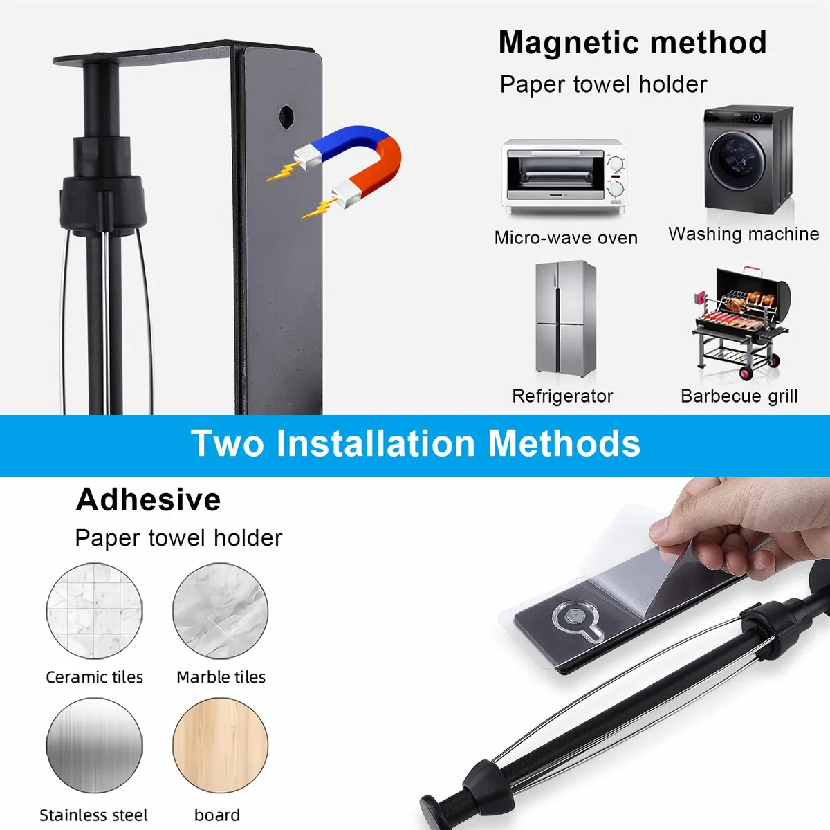 Magnetischer küchenrollenhalter mit Dämpfungseffekt, Einhandbedienung, Selbstklebend & Bohrfrei, Aus Aluminiumlegierung, für Küche, Kühlschrank, Backofen, Wohnmobil & Garage (Schwarz)