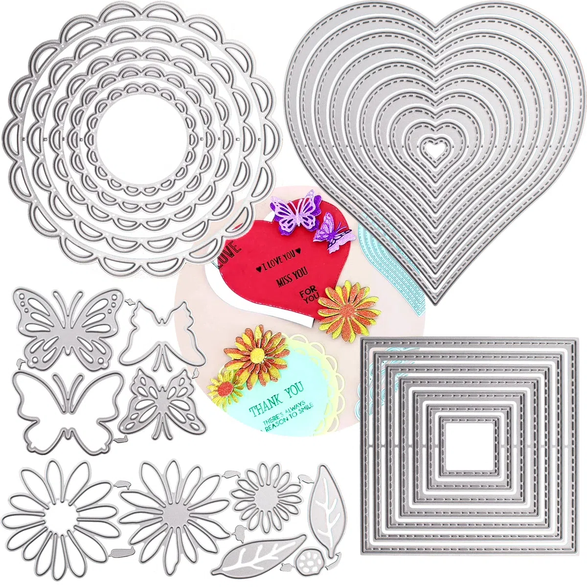 DailyTreasures 5 Formen Metall Stanzschablone Set, Scrapbooking Prägeschablonen Stanzschablone Geometrisch Set, Stanzschablone Herzform Rechteckig Kreis Blüten Schmetterling für Lehrertag Muttertag