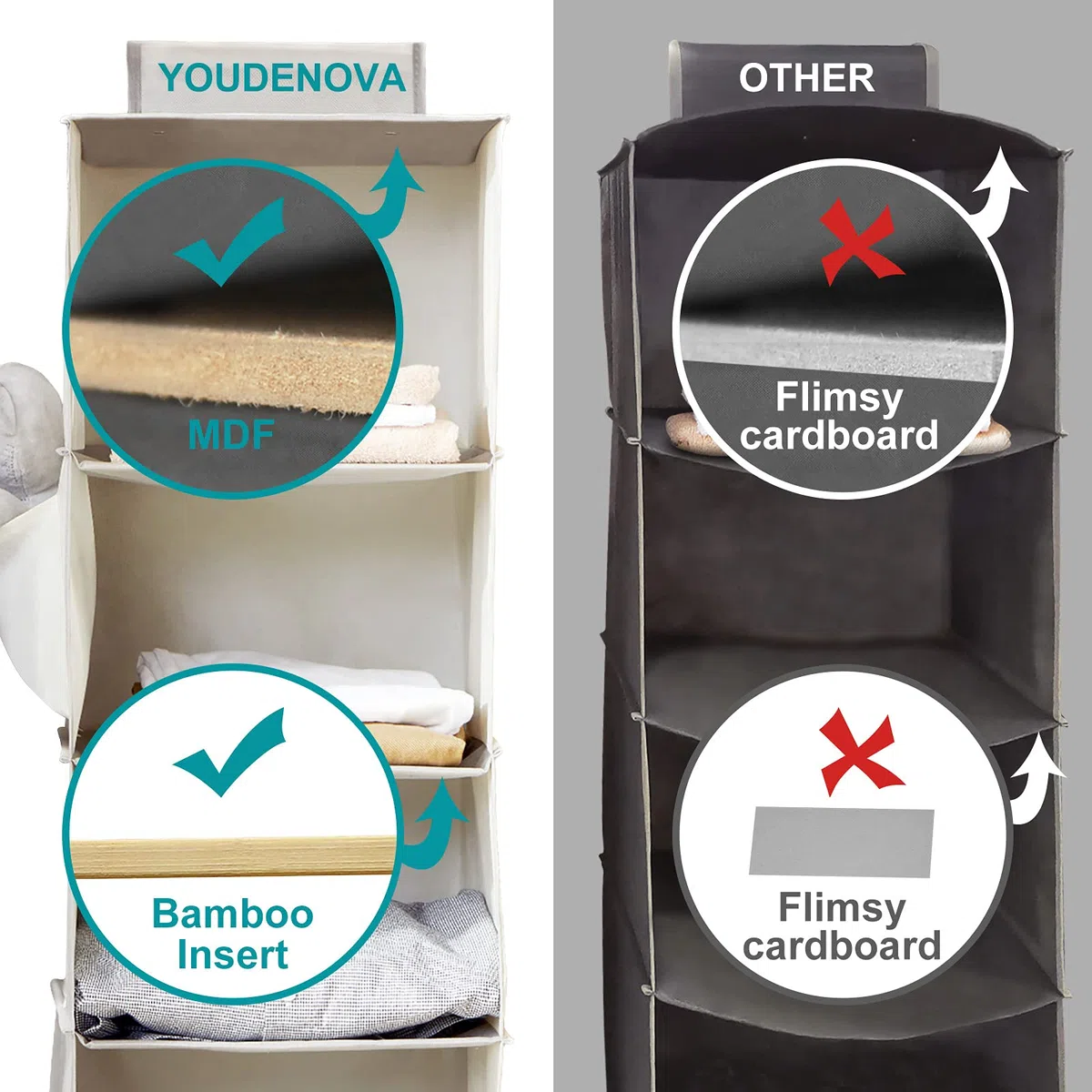 YOUDENOVA Hängeregal Stabiler Hängeorganizer Kleiderschrank Organizer Hängeaufbewahrung Schrankorganizer mit Bambus-Stöcke und MDF-Platten Verstärkt Beige