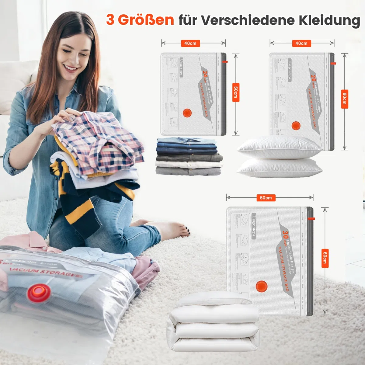 Vakuumbeutel für Kleidung mit Kabellose Vakuumpumpe, 12 Stück (4 Groß 60x50cm, 4 Mittel 60x40cm, 4 Kleine 50x40cm), Wiederverwendbare Vakuumierbeutel Kleidung für Reisen Tägliche Aufbewahrung