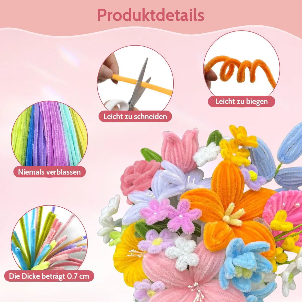 500 Stück Pfeifenreiniger Blumen Set, 20 Farben Pfeifenputzer zum basteln | Pipe Cleaner mit 25 Stück Blumendraht Grün, Klebeband, Geeignet als Geschenk zum Valentinstag und Weihnachten
