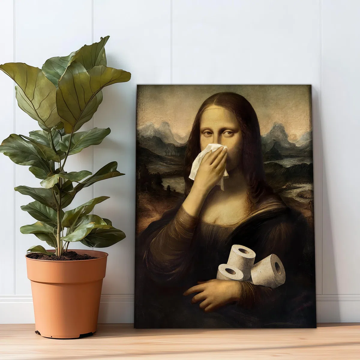 Lustiges Mona Lisa Leinwand Bilder Mit Rahmen, Mona Lisa mit Klopapier und Nase-zu-Geste Bild Auf Leinwand Wandbilder, Vintage Ironische Wanddeko für Toilette, Gäste, WC oder Badezimmer 30X40cm