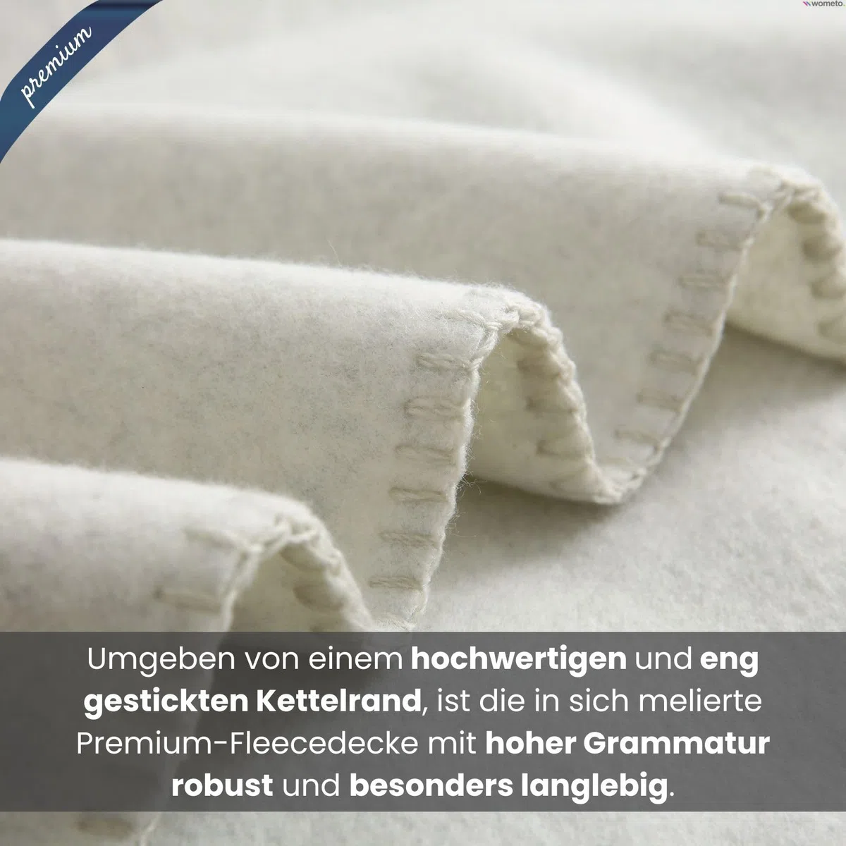 wometo Premium Fleecedecke Melange OekoTex 140x190 cm ca. 700g extra dick - weiß meliert (Bi-Color) mit Anti-Pilling und Qualitäts-Kettelrand