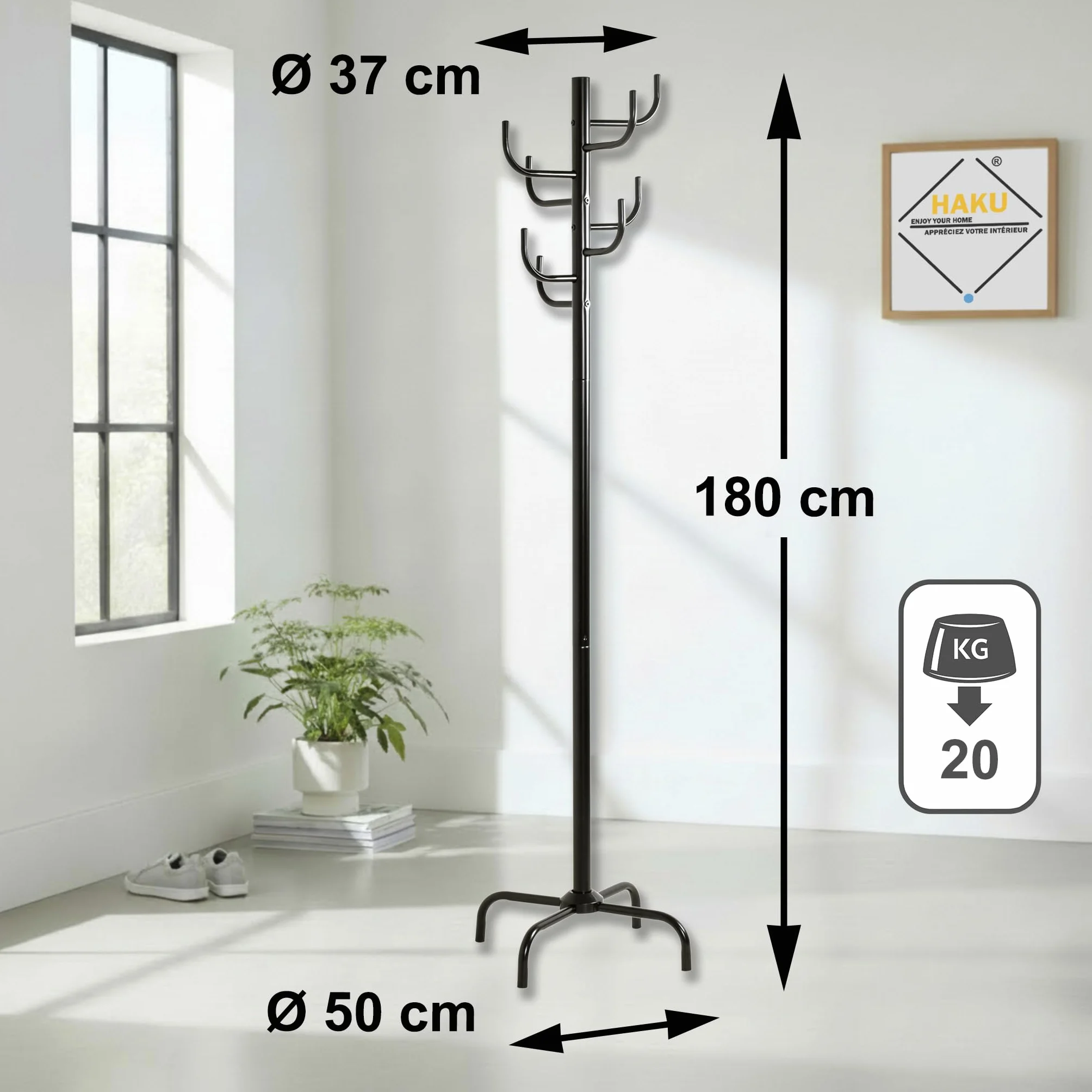 HAKU Garderobenständer schwarz, Metall Standgarderobe - Maße: H 180 x Ø 37 cm, Style: Modern