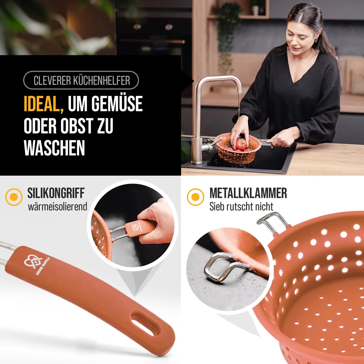 3-in-1 Faltbares Sieb aus Silikon und rostfreiem Edelstahl, Küchensieb, Nudelsieb, Dampfgar Einsatz, Abtropfsieb, platzsparend, multifunktional, geschirrspülfest, 21cm Lachsrosa