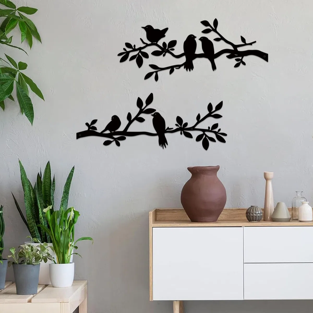 ESTART Wanddekoration mit Vögeln aus Metall, 2 Stück, lebendige Vögel auf AST, Silhouette, für den Außenbereich, Wandskulptur zum Aufhängen, für Zuhause, Küche, Balkon, Garten (Schwarz)