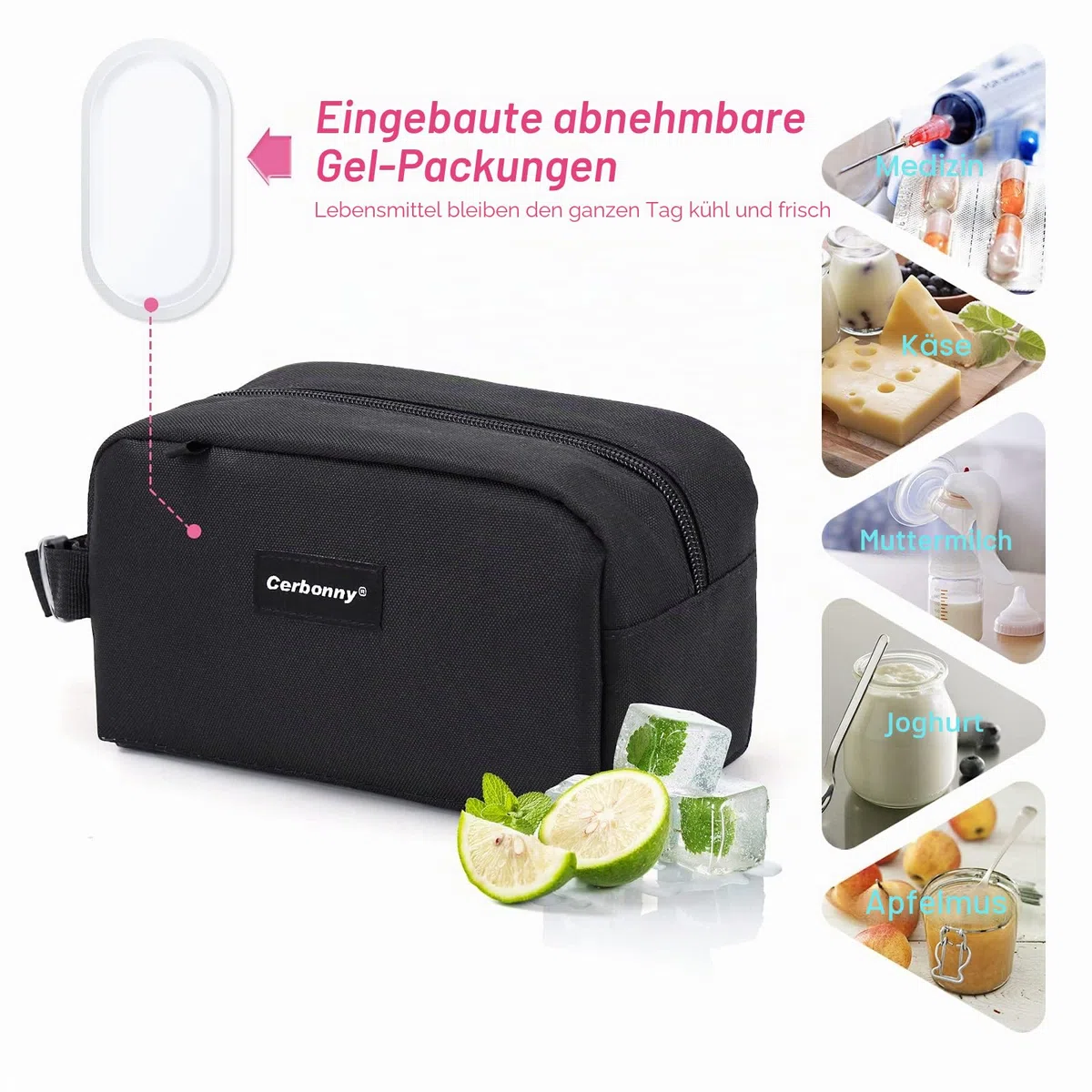 Cerbonny Kühltasche Klein Isoliert, Kleine Kühltasche für Kinder/Erwachsene, Mini Kühltasche mit Kühlakku, Mini Kühlbox für Reisen, Arbeit & Schule (Schwarz)