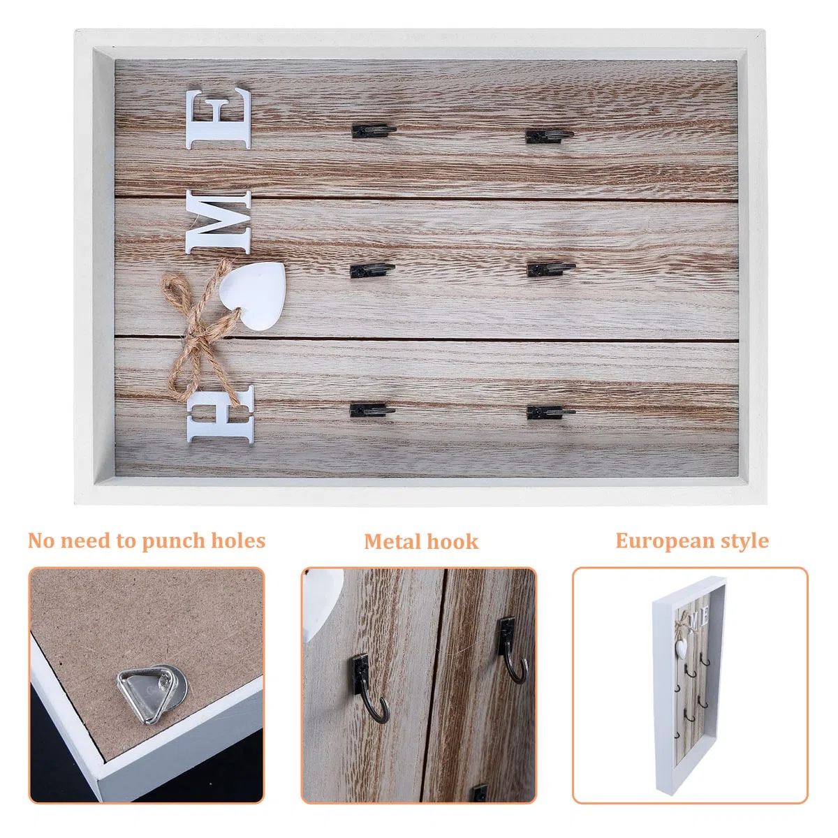 CHENGCKJ Holz Schlüsselbrett, 30 x 20 cm Schlüsselhalter mit 6 Schlüsselhaken, Wand Schlüsselanhänger Ohne Bohren, Schlüsselablage für Schlüssel Organizer Heimdekoration