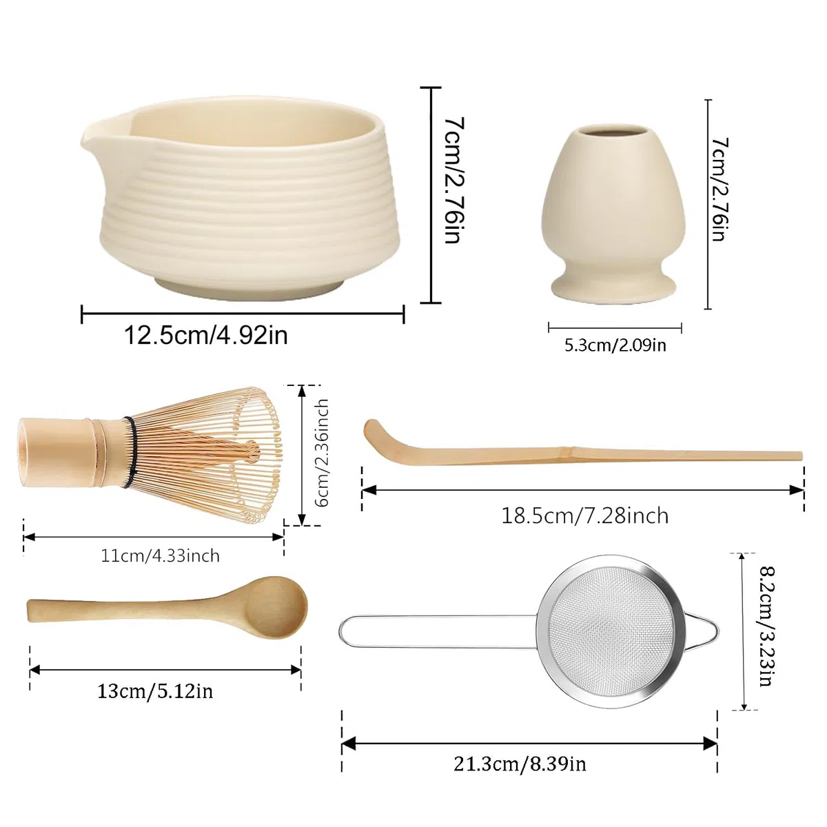 6 Piece Matcha Tea Set Beige Weiß,Matcha Besen Set, with Matcha Whisk, Matcha Broom,Matcha Schale,Matcha Bowl with Spout,Matcha Besen Halter,Bamboo Spoon,Perfect Matcha Starter Set,Japanisches Tee-Set