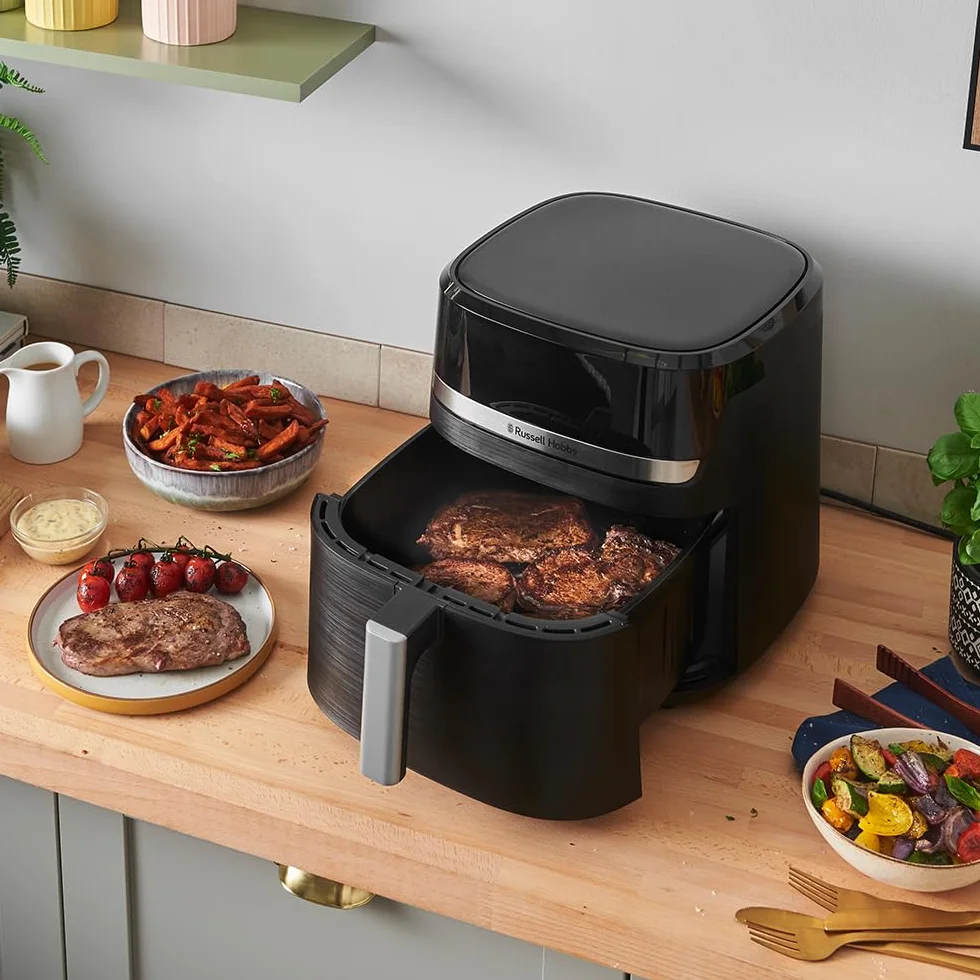 Russell Hobbs Heißluftfritteuse XXL 8,3L Rapid AirFryer [kompaktes Gehäuse, sehr leise, Pizza Ø 26cm] SatisFry (9 Programme, spülmaschinenfest, Fritteuse ohne Öl, TouchScreen,Grillen,Backen) 27632-56