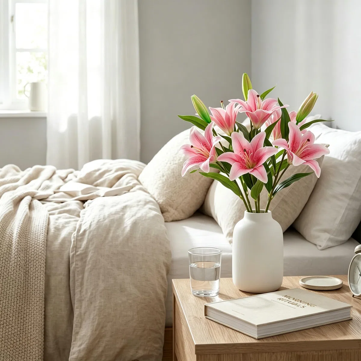 HNVNER 6 Bündel Kunstblumen Lilien, 3D-künstliche Lilienblume Rosa, Gesamt 12 Blütenköpfe 6 Knospen - DIY Set Blumenstrauß für Hochzeit, Home & Büro Deko, Tischdekoration