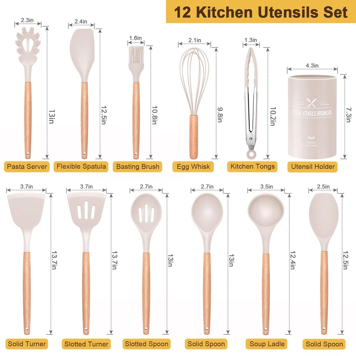12 Stück Küchenhelfer Set, Silikon Küchenutensilien Set, Antihaft Hitzebeständiger Holzgriff Kochbesteck mit Utensilienhalter, Silikonspatel Kochgeschirr Set, Spülmaschinengeeignet (Khaki)