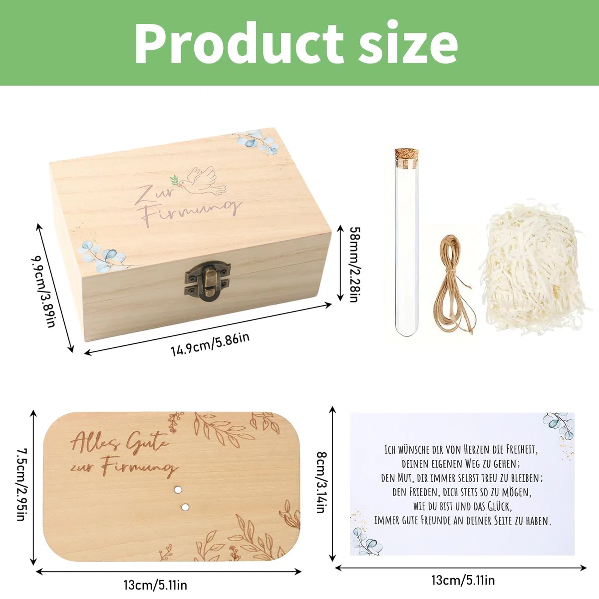 5-teiliges Firmung Geschenke, mit Glückwunschkarte, Reagenzglas, Raffia, Holzkarte, Verpackung für Geldgeschenke (14,5 x 10,5 x 6,5 cm) für Firmung Deko