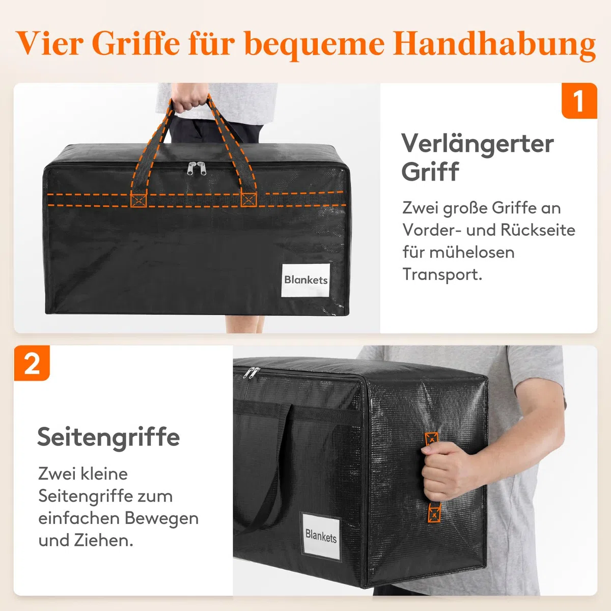 Lifewit 4 Stück 90L Umzugstaschen mit Griff, Aufbewahrungstasche für Bettdecken, Große Tasche mit Reißverschluss, Bettwäsche Aufbewahrung, Tasche Bettzeug, Transporttasche, Kleidertasche, Schwarz