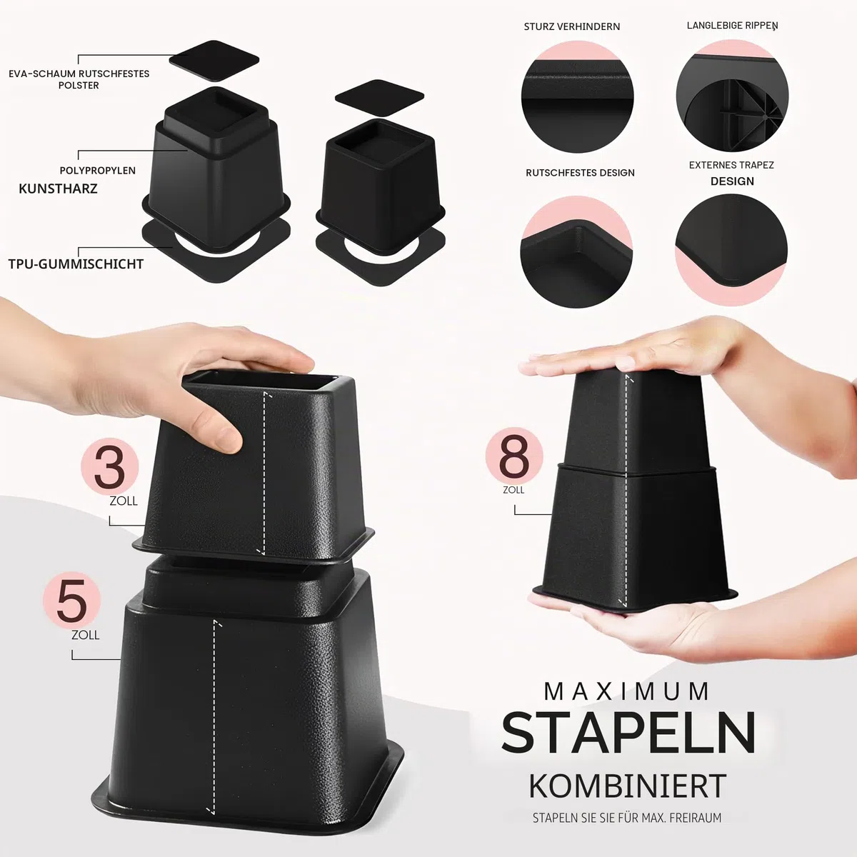 Utopia Bedding 8 Stück Hochwertige verstellbare Möbelerhöher (4 hoch und 4 kurz) - Starke platzsparende Steigleitung - Betthöher, Tischerhöher, Stuhlerhöher, Sofaerhöher (7 bis 20cm)- (Schwarz)