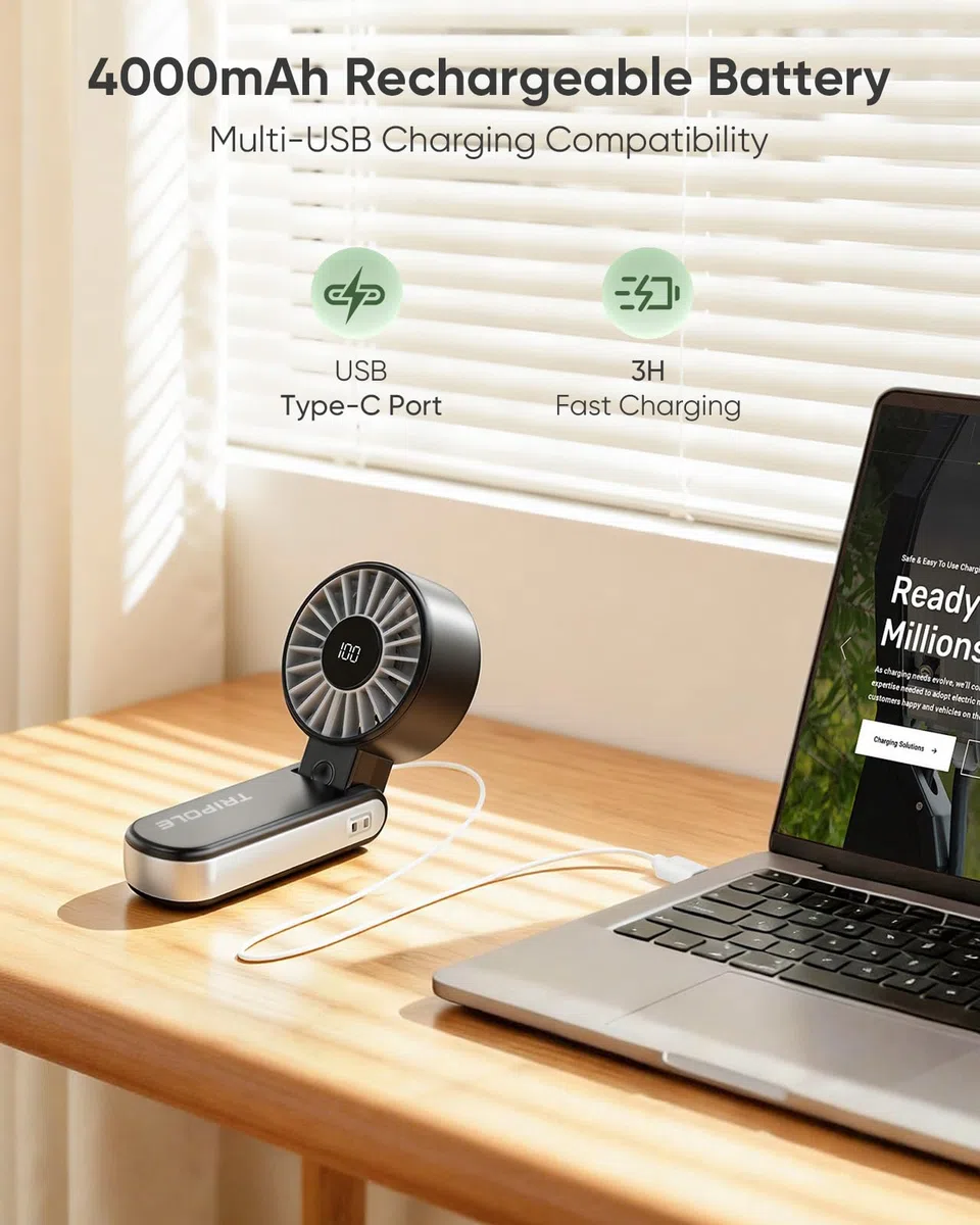 TriPole Handventilator, tragbarer USB Ventilator, 5 Geschwindigkeiten, starker Luftstrom, LED-Anzeige, 4000mAh Mini Ventilator klappbar für Reisen, Urlaub, Tisch, Outdoor, Ausflug (Schwarz)