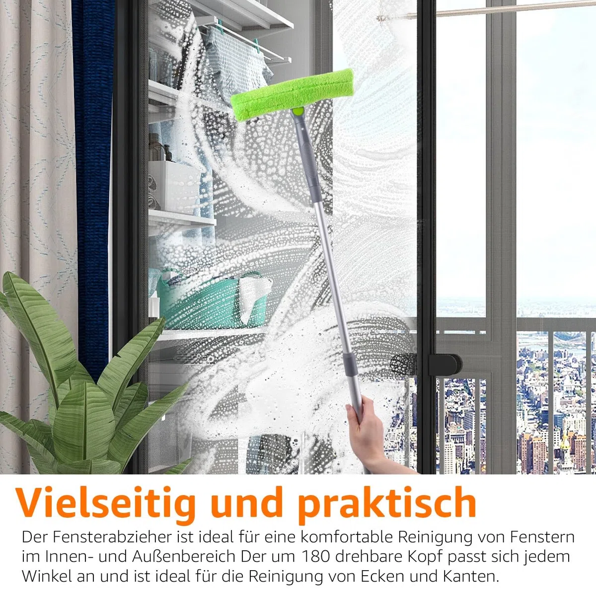 Amazon Basics Ausziehbarer Fensterabzieher mit 180 Grad drehbarem Kopf und Teleskopstange, 66–96,5 cm, perfekt zum Reinigen von Fenstern, Spiegeln, Grün, Silber, Schwarz Fliesen