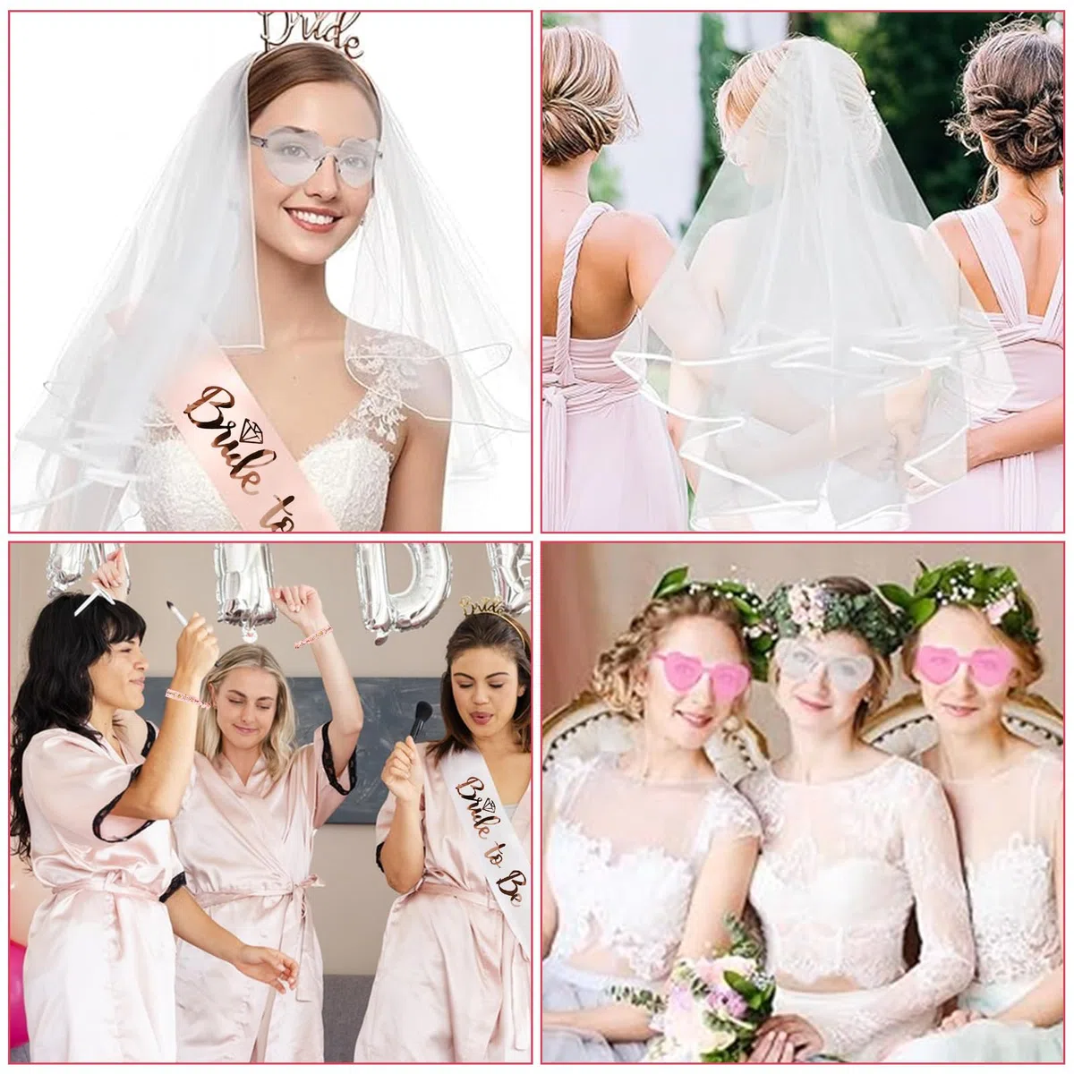JGA Accessoires Frauen Set, Junggesellenabschied Frauen Jga Brille Team Bride to Be Schärpe Team Braut Armbänder Braut Tiara Schleier Bride Tattoos für Junggesellinnenabschied Deko (Rosa)