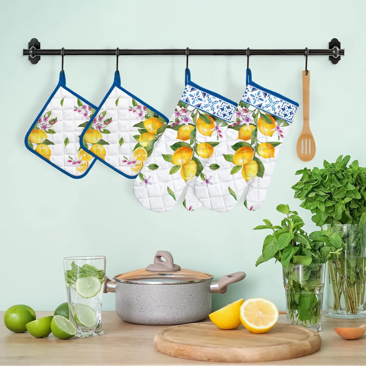 Ofenhandschuh und Topflappen 4er Set, 100% Baumwolle Kochhandschuhe, Hitzebeständiger Küchenhandschuh Zum Kochen Backen Grillen Geschenk,Zitrone