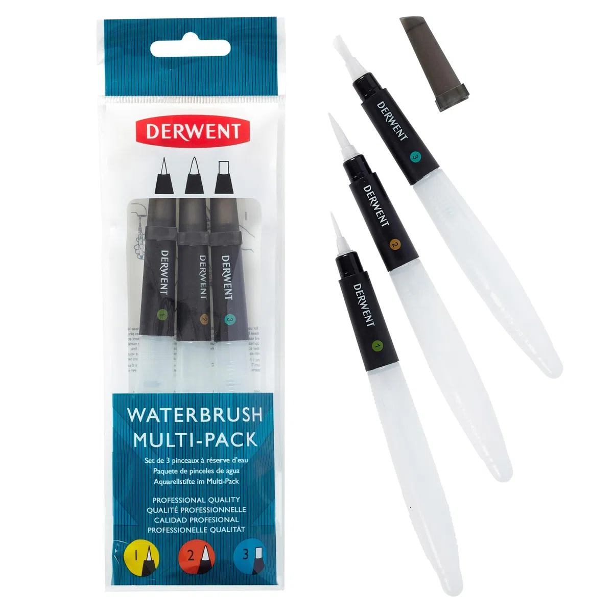 Derwent Wassertankpinsel für Aquarellmalerei, 3er-Pack, Enthält Meißelspitze, Feine Spitze & Mittlere Spitze, Professionelle Qualität, 2301975