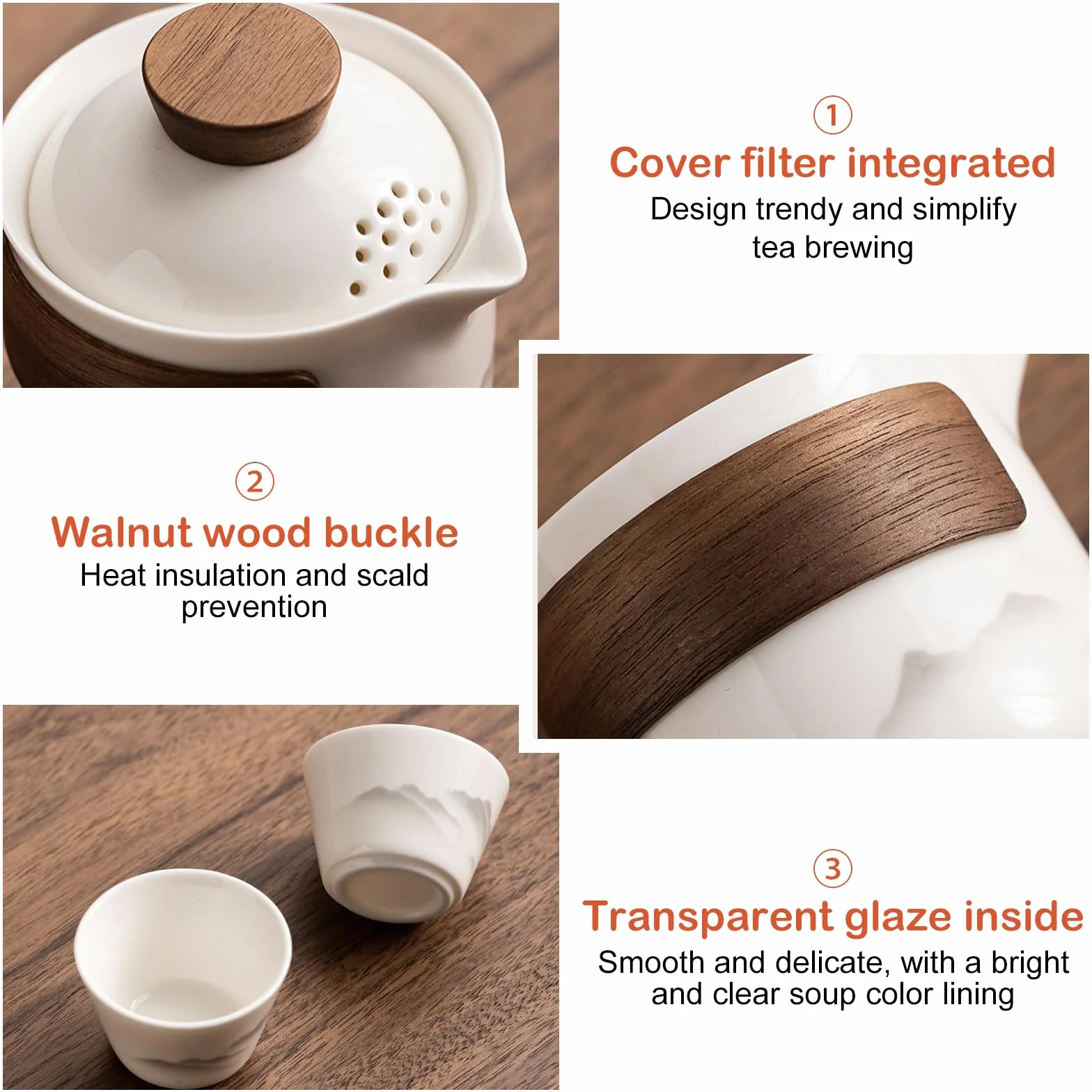 PORFOYO Chinesisches Gongfu-Tee-Set, 200ml Tragbares Keramik-Teekannen-Set, Hochwertiges Porzellan Teeset, Keramik Teekannen-Set, Einteiliges Set Für Reisen, Zuhause Und Büro, Weiß-Orange