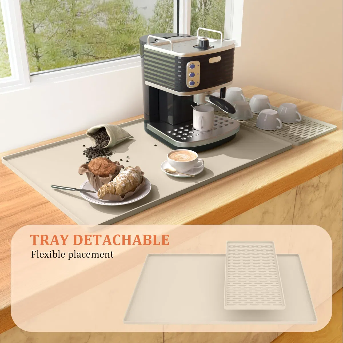 Silikon-Kaffeemaschinenmatte – 2-in-1 große Kaffeematte, rutschfestes Design mit gewölbter Kante, 40 x 60 cm faltbare rutschfeste Trockenmatte für Küchentisch und Barista