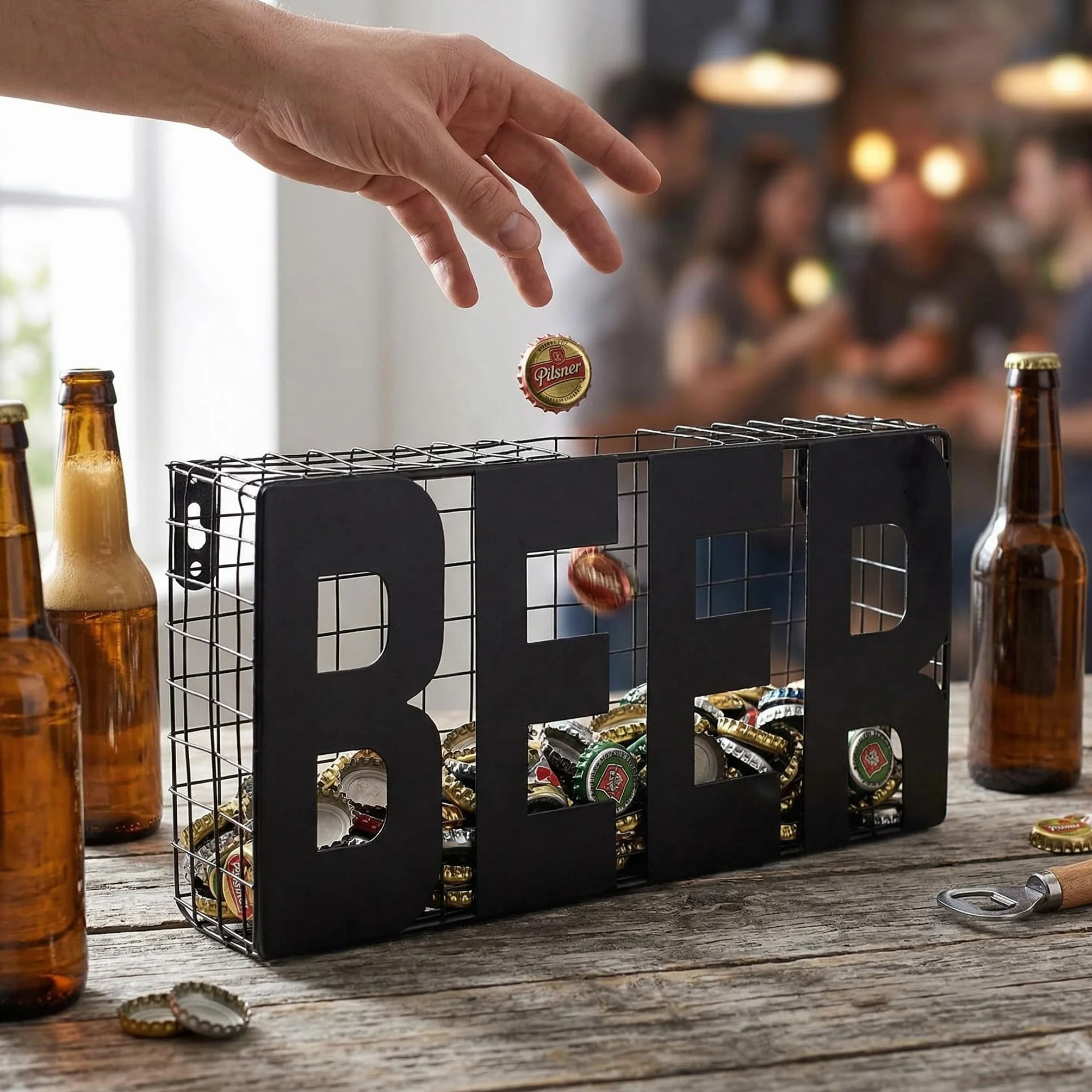 MIJOMA Kronkorkensammler Beer 25 x 5 x 12,5 cm – Metall zum Aufhängen – Schwarze Wanddeko für Küche, Hausbar und Partykeller