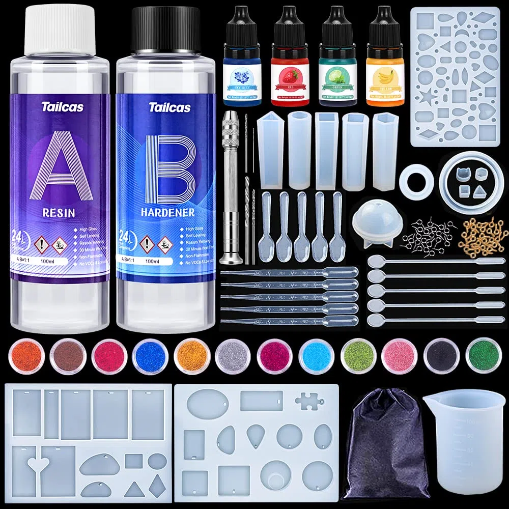 Tailcas Epoxidharz-Set Anfänger 200 ml, Epoxidharzformen, Silikonformen, Epoxidharz, Schmuckherstellungsset für Kunst, Handwerk, Schmuckherstellung, mit Messbecher und Strohhalm