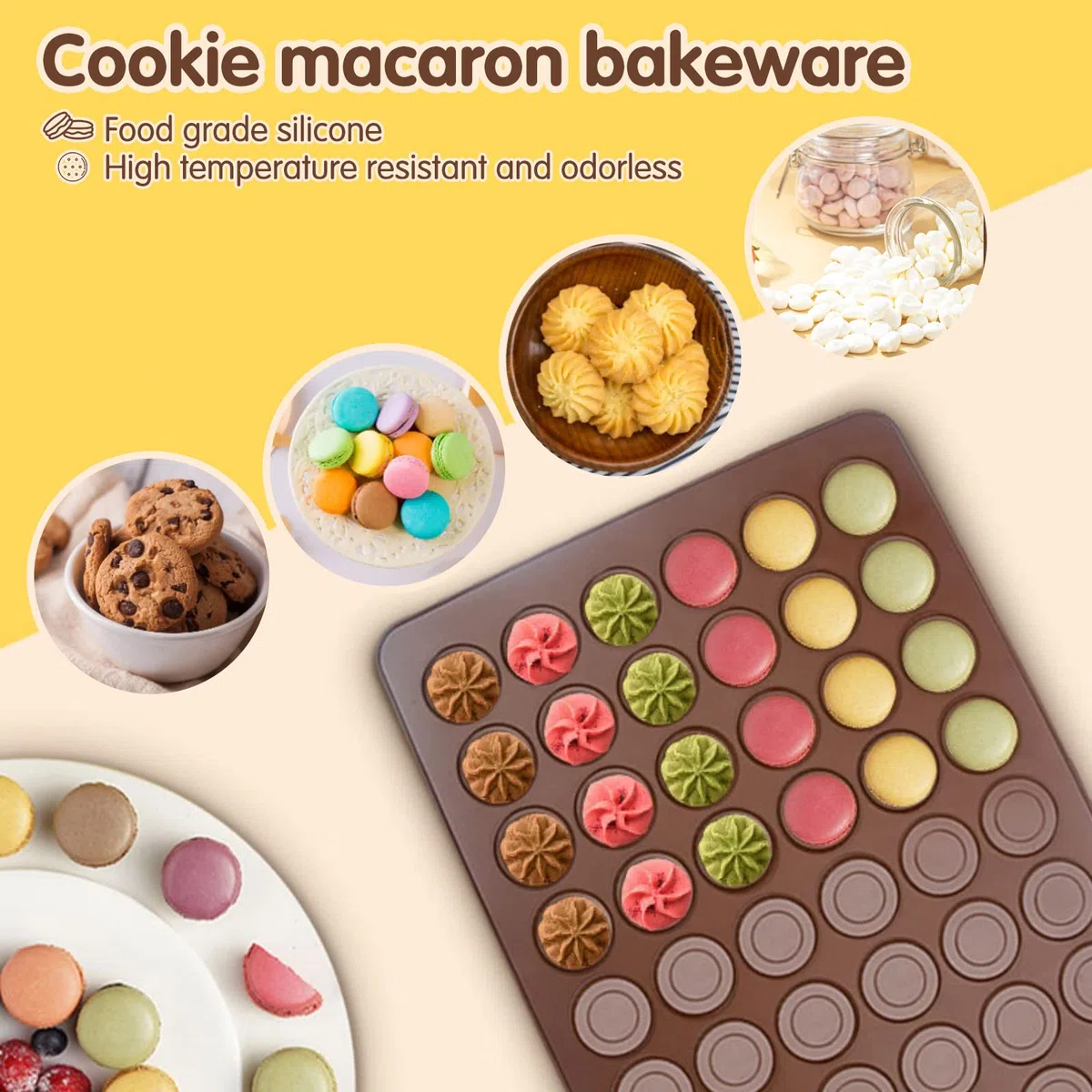 Macarons Backmatte aus Silikon 48 Mulden Antihaftbeschichtet Macaron Silikonmatte Silikonform mit Dekorationsstift, 4 Düsen Makronenplatte BPA Frei Makronenformen für Cupcake, Dessert, 38 x 28cm
